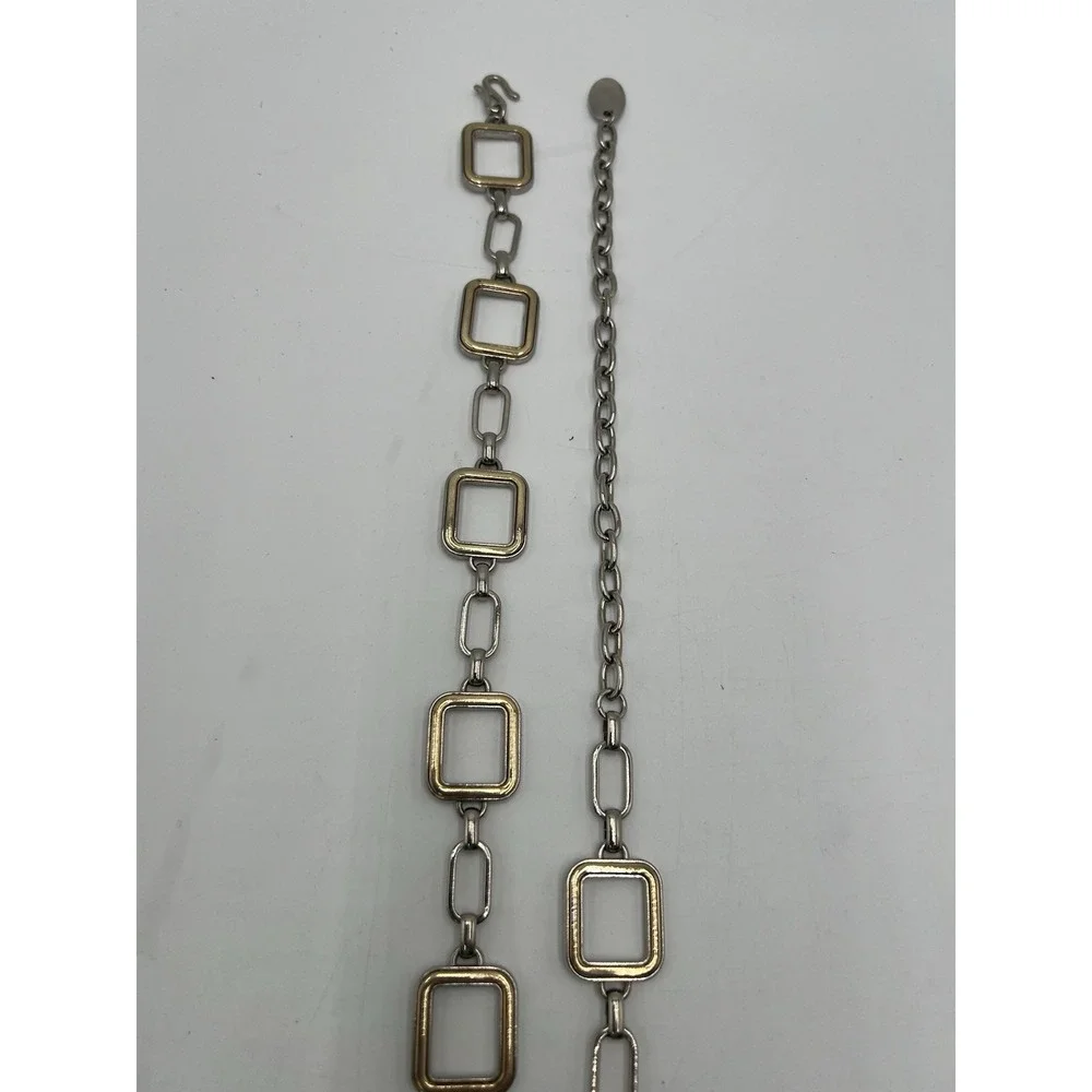 Vintage‎ Silver Gold Tone Geometric Square Link Chain Belt Adjustable 24